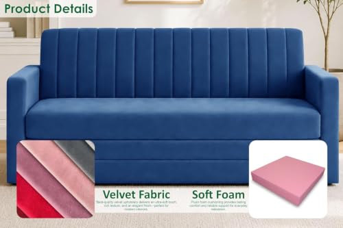 Image of Modern Three Seater Sofa Cum Bed with Armrest, Velvet Fabric Sofa for Living Room, Space Saving Foldable Sleeper Sofa, (Blue-Color)