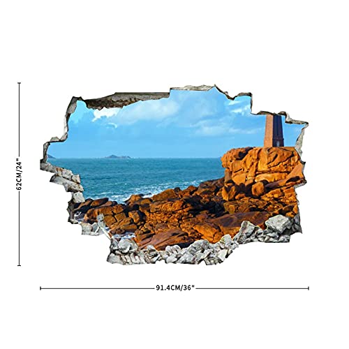 France Coast Lighthouses Ocean Stone Wall Decal Landscape 3D Break Through Wall Sticker Removable Pvc Funny Wall Art Decal Christmas Home Decor Vinyl Mural For Boy Kids Room Living Room #TOP2