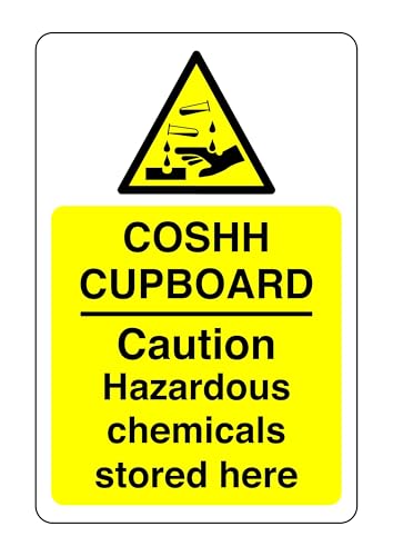 Image of Safety First Display LTD COSHH cupboard caution hazardous chemicals stored here sign - High tack self-adhesive sticker (150mm x 100mm) Viewing Distance within 3m.