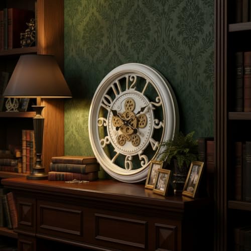 Image of STAR WORK Vintage Gear Wall Clock Industrial Rustic Farmhouse Classic Style Mechanical Charm Perfect for Living Room Bedroom Office or Entryway Decor (White -18 INCH)