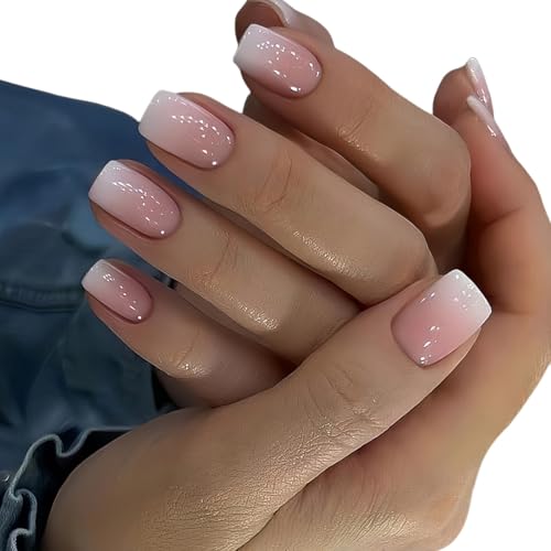 BDEPSTR 24 UñAs Postizas Ombre Rosa Cortas Medianas Cuadradas Para Pegar UñAs Blancas Y Rosas Total Brillo Duradero Adecuado Para Mujeres Y NiñAs