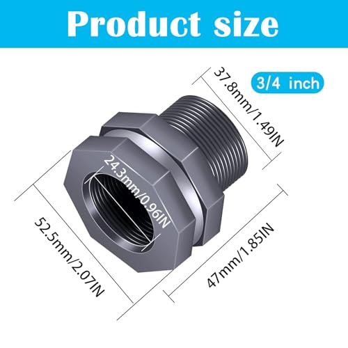4PCS PVC Bulkhead Fitting 3/4 Inch with Plugs,water Pipe Connector,(21-38mm) Hose Clamps Kit,Water Tank Connector Adapter,Thru-Bulk Pipe Fitting for Rain Barrels,Water Tanks,Pools(Grey) H-07