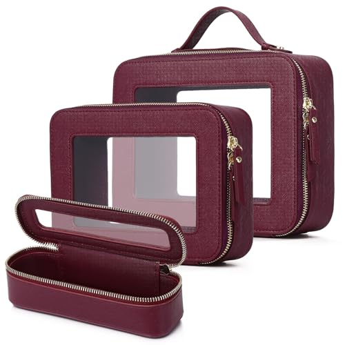 Travel Makeup Set Waterproof Transparent Cosmetic Bag and Toiletry Bag Makeup Brush case with Zipper Car Essentials for Women (Burgundy, L+M+SLIM)