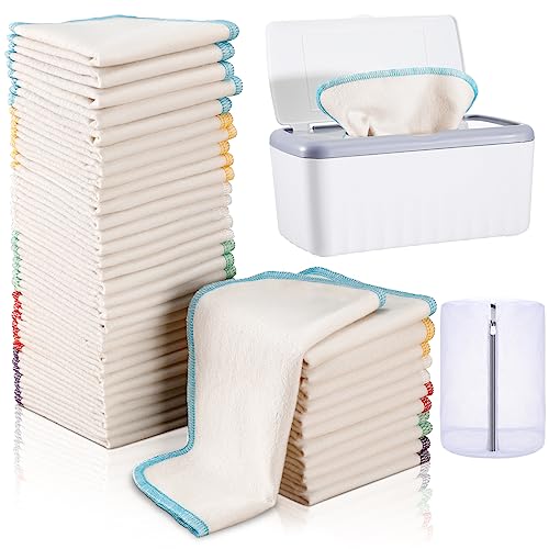 Mixweer 84 Pack Flannel Cloth Baby Wipes with Dispenser Soft Natural Unbleached Baby Face Wipes Reusable Baby Wipes for Cloth Diapers, 8 x 8 Inch Each(Multicolor)