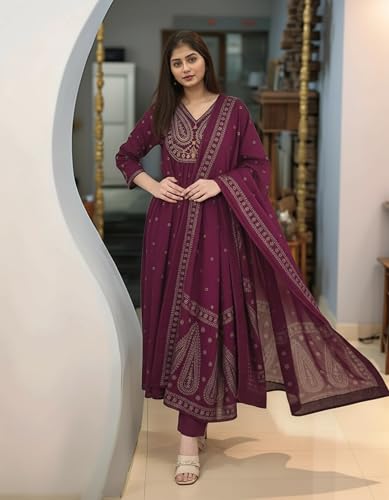 Image of ANNI Designer Women's Rayon Viscose Printed Embroidered Anarkali Kurta with Pant & Dupatta | Ethnic Kurti Set with Embroidery | Soft Comfortable Fabric | Stylish Outfit for Festive, Office