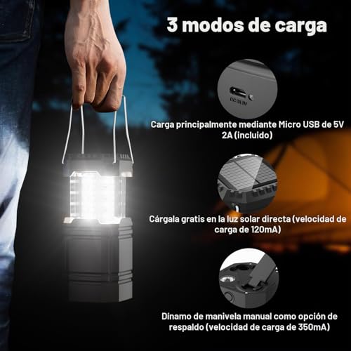 Miniatura 4 de Linterna De Camping Con Manivela Solar, Faroles Portátiles Led Lámpara Exterior Plegable,3 Métodos De Carga,Linterna Camping Para Pesca, Excursión, Jardín, Patio Etc. Negro