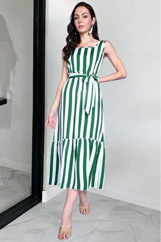 Image of POPWINGS Women Casual Blue & White Stripe Long Belt Dress Dress | Stylish Dress | Trendy Dress