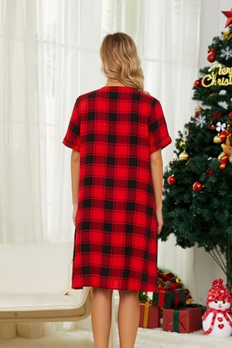 YOZLY House Dress Women Cotton Duster Robe Short Sleeve Housecoat Button Down Nightgown Plaid Red Small