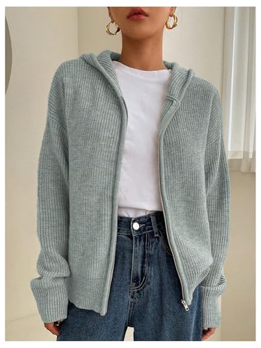 Image of SOLY HUX Zip Up Cardigan for Women Hooded Cardigan Sweater Knitted Drop Shoulder Fall Clothes Winter Hoodies Outerwear