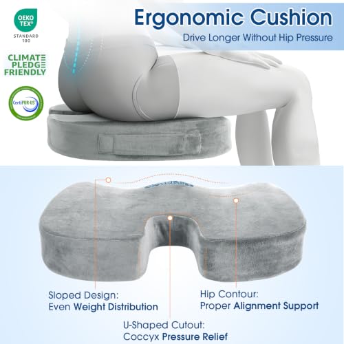 Image of CloudBliss Lumbar Support Pillow & Seat Cushion Set for Office Chair,Desk Chair,Wheelchair & Car-Memory Foam Back Support, Ergonomic Chair Cushions, Sciatica Pain Relief,Home Essentials(Light Grey,XL)