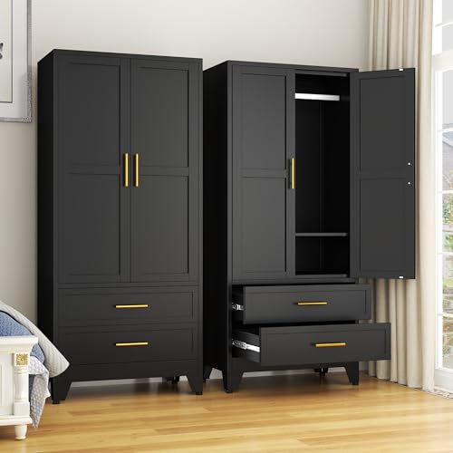 GAIOUS Steel Armoire Wardrobe Closet, 71' Metal Clothing Storage Cabinets with 2 Doors, 1 Adjustable Shelf and 2 Drawers, Metal Wardrobe Cabinet with Hanging Rod for Bedroom, Gym, Cloak Room (Black)