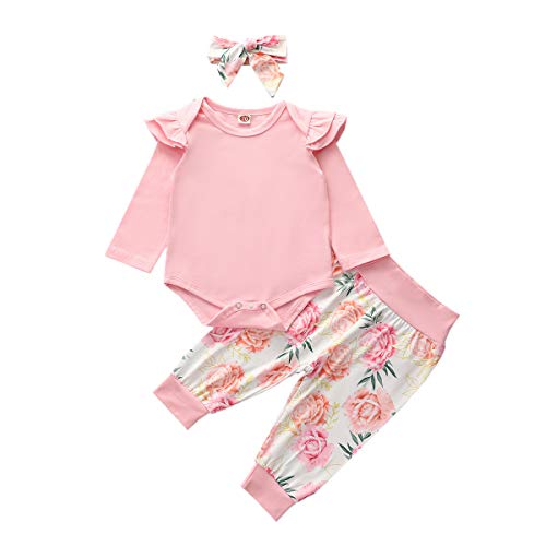 9 Month Baby Girl Clothes 12 Month Old Birthday Gift Girl Baby Girl Clothes 6-9 Months Long Sleeve Onesies Romper Floral Pants Sets with Headband Winter Baby Clothes Girl Babygirl Outfit Sets Pink