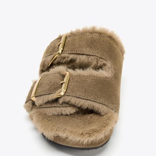 Women's Fuzzy Fur Slide Sandals Open Toe Double Strap Fluffy Slippers Taupe Suede Indoor House Flat Slides3
