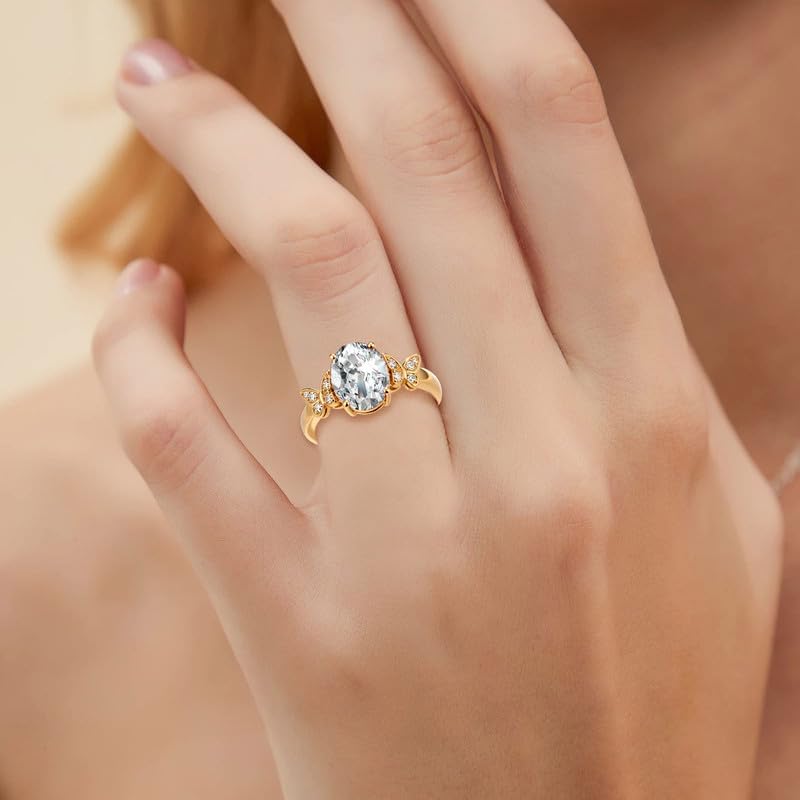 10K 14K 18K Gold Butterfly Gemstone Ring for Women with Moissanites/Diamonds 2 Carat Oval Birthstone Anniversary Statement Rings Size 3-16