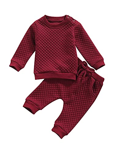 Image of Newborn Baby Boy Girl Clothes Gender Neutral Sweatsuit Unisex Solid Outfit Long Sleeve Warm Pullover Pant Set