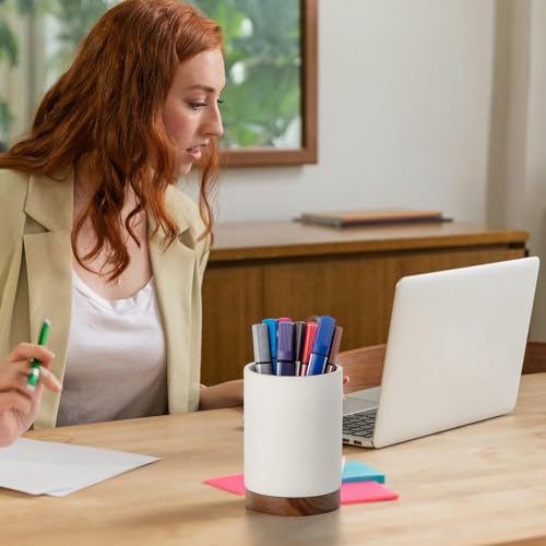 Officepal Pen Holder for Desk, Ceramic Pencil Organizer & Makeup Brush Holder, Office Decor and Desk Accessories,Perfect Office Organization,Teacher Supplies (White, Set / 1)