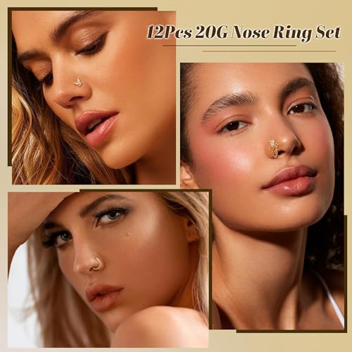 REVOLIA 12Pcs 20G Nose Ring Set 316L Stainless Steel Nose Rings Hoop for Women CZ L Shaped Studs Dangle Heart Butterfly Screw Nose Studs Cute Threadless Flat Back Nose Piercings Jewelry4