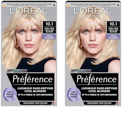 L'Oreal Paris Preference Hair Dye, Long Lasting, Luminous Permanent Hair Colour, 10.1 Very very light ash blonde (Pack of 2)