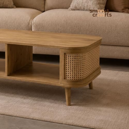 Image of Chuck Rattan Centre Table for Living Room | Designer Oval Coffee Table with Natural Cane | Solid Mango Wood | Natural Matt Finish | Modern Tea Table for Home & Office