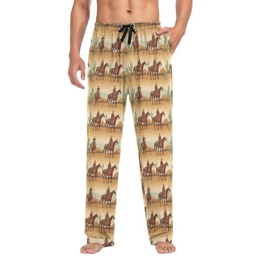 Cowboy Rides A Horse Across The Desert Men's Pajama Pants Soft Lounge Lightweight with Drawstring and Pockets3