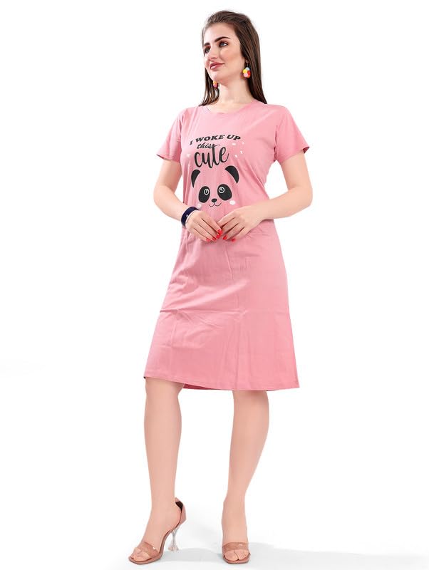 Image of Printed Knee Length Pocket Night Dresses for Women | Cat Lover | Premium Soft Cotton Nighty | Blue and Maroon