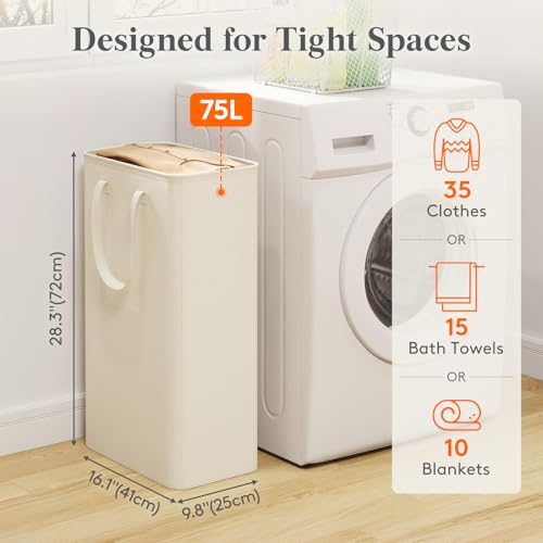 Image of Lifewit Slim Collapsible Laundry Basket with Handles, 75L, Ivory