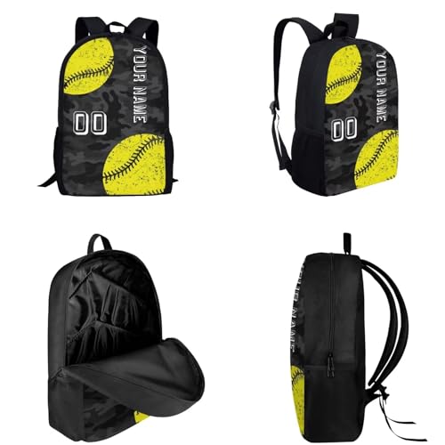 Softball School Bag Kids Personalized Backpack with Name for Boys Girls with Lunch Box Pencil Case, 17 Inch Backpack for School Large Bookbag for Elementary Middle School, Black and Yellow2