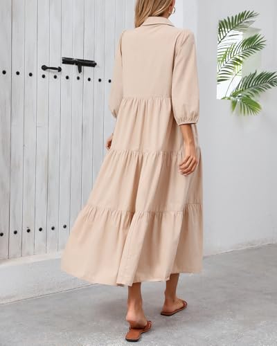 Image of Women Button Down Maxi Shirt Dress Long Sleeve Flowy Tiered Collared Dresses with Pockets