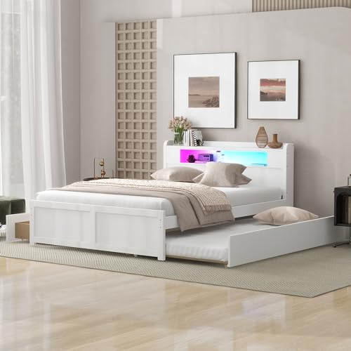 YOPTO Queen Size Wood Storage Platform Bed with LED, 2...