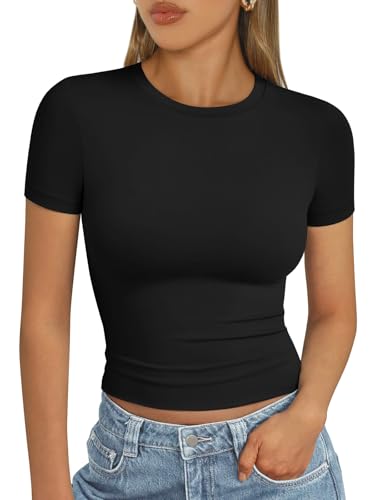 AUTOMET Womens Short Sleeve T Shirts Basic Summer 2025 Workout Tops Crew Neck Gym Crop Tops Trendy Y2K Clothes Black M