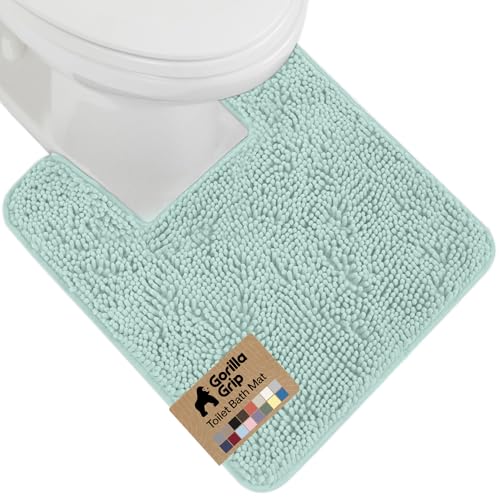Image of GORILLA GRIP Plush Absorbent Shaggy Chenille Bath Rug Mat for Square Toilet Base with Rubber Backing, Machine Washable Rugs, Soft Microfiber Contour Mats for Toilets, Bathroom Decor, Seablue