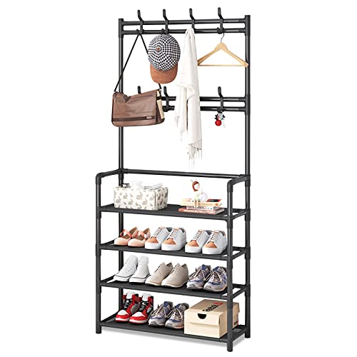 4-Tier Entryway Coat Rack Hallway Bench Storage Organizer, Coat And Shoe Rack Entryway Hall Tree, 3-In-1 Designed Of Metal Storage Rack With Bag，Coat，Hat，Entryway Bench With Coat Rack，Bedroom，(Black) #TOP29