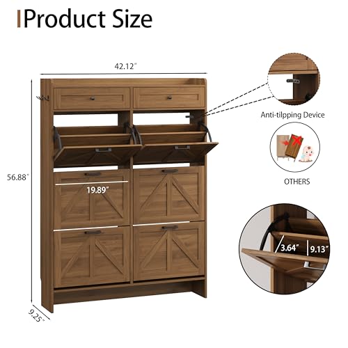 Image of Shoe Cabinet with 6 Flip Drawers & 2 Top Drawers, 57 inch Tall Freestanding Narrow Wooden Shoe Storage Organizer for Entryway, Hidden Slim Shoe Rack for Front Door Entrance, Hallway, Living Room, Walnut