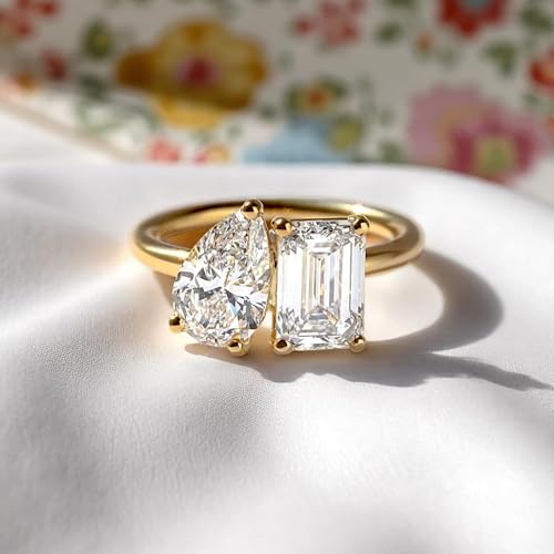 4 CT Yellow Gold Toi Et Moi Engagement Ring | Pear and Emerald Cut Moissanite | Vintage Two-Stone Ring | Unique Bridal Jewelry2
