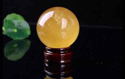Yellow Calcite Sphere Gemstone Ball Quartz Crystal Sculpture Figurine with Stand,Yellow,70mm