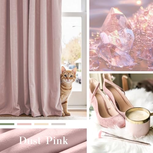 Image of Extra Long Pink Velvet Curtains Rod Pocket 52x108 Inch 2 Panels | Soft Velvet, Room Darkening, For Tall Windows & High Ceilings, Light Shifting Texture, Elegant Drape, Soft Luxury