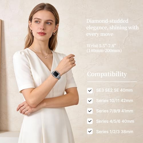 Image of wutwuk Diamond Band with Bling Case Compatible with Apple Watch Bands for Women 42mm, Sparkly Metal Strap with Crystal Protective Bumper for iWatch Series 11 10, 42mm Silver | Fits iWatch Bands Series 11 10 42mm, Stainless Steel Strap for Women Men, Silver