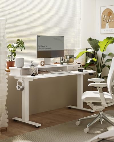 Image of FEZIBO 55 x 24 Inch Height Adjustable Electric Standing Desk with Double Drawer, Stand up Home Office Computer Desk with 4 Height-Adjustable Feets & 2 Hooks, White