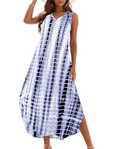Zilcremo Women's Summer Casual Loose Sundress Long Dress Sleeveless V Neck Split Tshirt Maxi Dresses