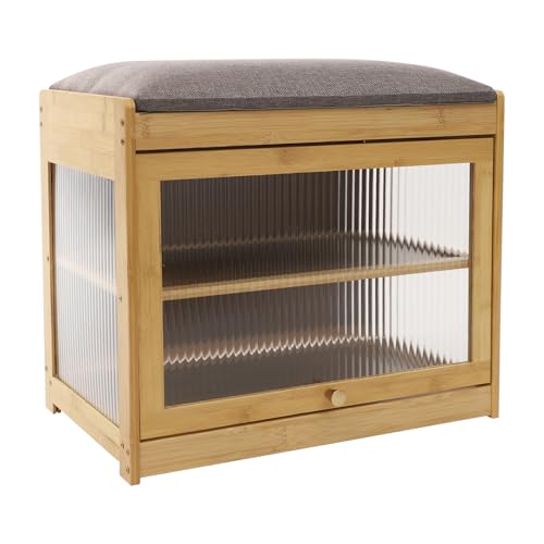 CHFUNE Zapatero con banco, zapatero de 2 niveles, de bambú, 42 x 50 x 32 cm, estable, ideal para pasillo, entrada, baño, salón, pasillo, color marrón oscuro