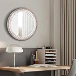 24 Inch Wooden Round Mirror for Wall Decor, Farmhouse Rustic Decorative Circle Mirrors with Beaded Frame, for Bedroom, Bathroom, Living Room, Entryway - Image 4