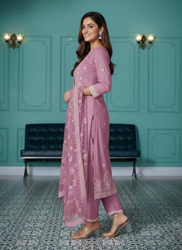 Image of SHIENZY Women's Chanderi Kurta Set with Dupatta | Embroidered Straight Kurta Pant Set for Women | Ethnic Kurta for Women | Festive Kurta Pant Dupatta Set | Traditional Indian Outfit