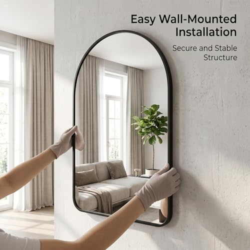 Image of HARRITPURE 26 inchx38 inch Arched Bathroom Mirror, Wall Mounted Mirror, Black Arch Mirror, Aluminum Alloy Frame Wall Mirror for Living Room, Bedroom, Entryway