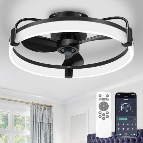 Teilybao Ceiling Fans with Lights for Bedroom Kitchen Room Ceilings, LED Dimmable Bladeless Flush Mount Low Profile Ceiling Fan Light with Remote, 6 Wind Speeds, Timer Setting, 3000-6000K - Black 20''