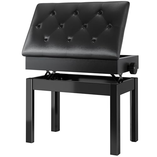 Banqueta Piano Regulable en Altura 56x33x58CM, Banco Piano con Espacio de Almacenamiento, Silla de Piano, Banqueta de Piano Carga Máxima 150KG, 4 PCS Patas Piano Madera Maciza, Negro