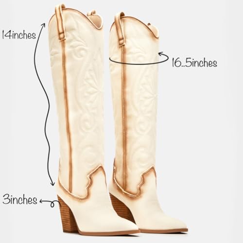 Vintage Embroidered Cowboy Boots Women Knee High Western Boots Suede High Chunky Stacked Heel Pointed Toe Tall Cowgirl Boots Satin Studded Combat Boot Pull On Fall Winter Dressy 4-11 M US2