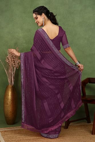 Image of MIRCHI FASHION Saree for Woman Georgette Solid with Satin Stripes | Stone Border Farewell and Ceremonial Sari with Blouse Piece