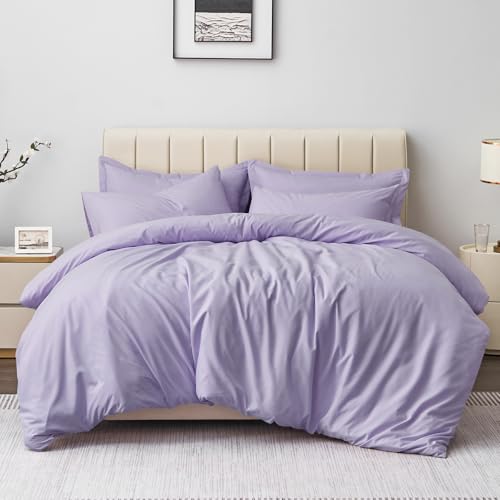 Aisbo Double Duvet Covers Set Lavender - 3Pcs Bedding Set Double Bed Soft Brushed Microfiber Quilt Cover with 2 Pillowcases
