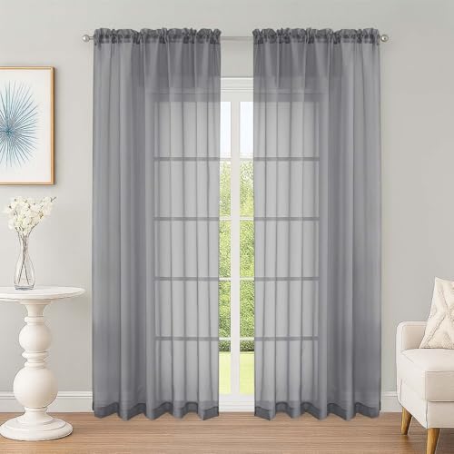 Image of OWENIE Sheer Curtains 84 Inches Long 2 Panels Set, Sheer Grey Curtains for Living Room Bedroom 59 Inch Extra Wide, Modern Voile Filmy Rod Pocket Drapes, 2 Pcs, Each 59 W x 84L, Grey