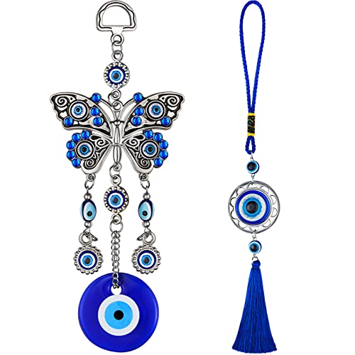 2 Pieces Lucky Evil Eye Car Hanging Ornament Butterfly with Blue Evil Eye Charm Pendant Evil Eye Hanging Decoration for Home Decor Car Protection